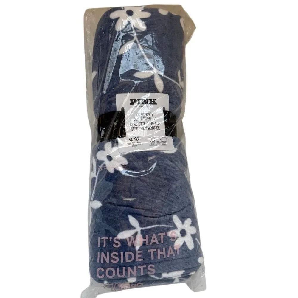 NWT PINK Victoria's Secret Oversized Floral Beach Swim Blue White Bath Towel